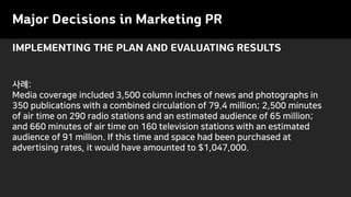 Major Decisions in Marketing PR
IMPLEMENTING THE PLAN AND EVALUATING RESULTS
사례:
Media coverage included 3,500 column inches of news and photographs in
350 publications with a combined circulation of 79.4 million; 2,500 minutes
of air time on 290 radio stations and an estimated audience of 65 million;
and 660 minutes of air time on 160 television stations with an estimated
audience of 91 million. If this time and space had been purchased at
advertising rates, it would have amounted to $1,047,000.
 