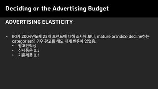 ADVERTISING ELASTICITY
Deciding on the Advertising Budget
• IRI가 2004년도에 23개 브랜드에 대해 조사해 보니, mature brands와 decline하는
categories의 경우 광고를 해도 대개 반응이 없었음.
• 광고탄력성
• 신제품은 0.3
• 기존제품 0.1
 