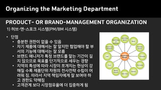 PRODUCT- OR BRAND-MANAGEMENT ORGANIZATION
Organizing the Marketing Department
1) 허브-앤-스포크 시스템(PM/BM 시스템)
• 단점
• 충분한 권한이 없을 수 있음
• 자기 제품에 대해서는 잘 알지만 협업해야 할 부
서의 기능에 대해서는 잘 모름
• 브랜드 매니저가 특정 브랜드를 맡는 기간이 길
지 않으므로 목표를 단기적으로 세우는 경향
• 지역의 특성에 따라 시장이 쪼개지는 현상이 강
해질 수록 제품단위 차원의 전사전략 수립이 어
려워 짐. 따라서 지역 책임자에게 잘 보여야 하
고 권한도 약해짐
• 고객관계 보다 시장점유율에 더 집중하게 됨
 