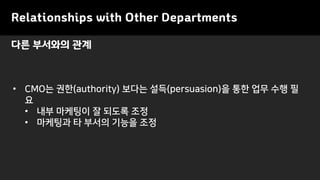 다른 부서와의 관계
• CMO는 권한(authority) 보다는 설득(persuasion)을 통한 업무 수행 필
요
• 내부 마케팅이 잘 되도록 조정
• 마케팅과 타 부서의 기능을 조정
Relationships with Other Departments
 