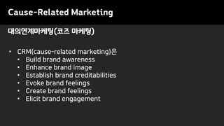 Cause-Related Marketing
• CRM(cause-related marketing)은
• Build brand awareness
• Enhance brand image
• Establish brand creditabilities
• Evoke brand feelings
• Create brand feelings
• Elicit brand engagement
대의연계마케팅(코즈 마케팅)
 
