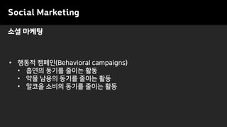Social Marketing
• 행동적 캠페인(Behavioral campaigns)
• 흡연의 동기를 줄이는 활동
• 약물 남용의 동기를 줄이는 활동
• 알코올 소비의 동기를 줄이는 활동
소셜 마케팅
 