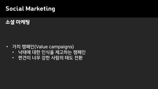 Social Marketing
• 가치 캠페인(Value campaigns)
• 낙태에 대한 인식을 제고하는 캠페인
• 편견이 너무 강한 사람의 태도 전환
소셜 마케팅
 