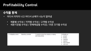 Profitability Control
• 어디서 이익이 나고 어디서 손해가 나는지 알아냄
• 제품별 수익성 / 지역별 수익성 / 고객별 수익성
• 세분시장별 수익성 / 판매채널별 수익성 / 주문 크기별 수익성
수익률 통제
 