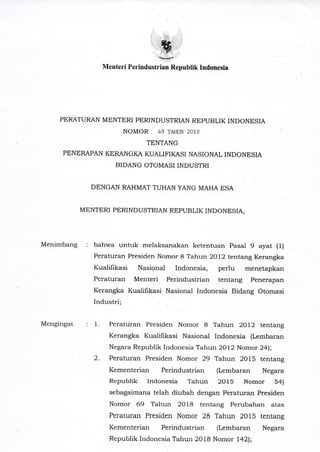 KKNI No.049  Tahun 2018 Peratruran Menteri Perindustrian  Tentang Kerangka Kualifikasi Nasional Indonesia bidang Otomasi Industri