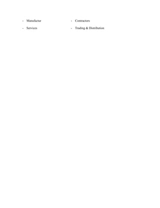 - Manufactur - Contractors
- Services - Trading & Distribution
 