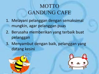 MOTTO
          GANDUNG CAFE
1. Melayani pelanggan dengan semaksimal
   mungkin, agar pelanggan puas
2. Berusaha memberikan yang terbaik buat
   pelanggan
3. Menyambut dengan baik, pelanggan yang
   datang kesini
 