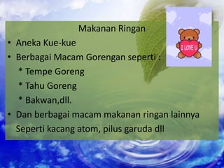 Makanan Ringan
• Aneka Kue-kue
• Berbagai Macam Gorengan seperti :
  * Tempe Goreng
  * Tahu Goreng
  * Bakwan,dll.
• Dan berbagai macam makanan ringan lainnya
  Seperti kacang atom, pilus garuda dll
 
