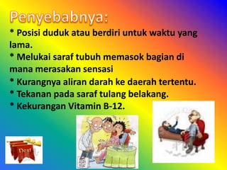 * Posisi duduk atau berdiri untuk waktu yang
lama.
* Melukai saraf tubuh memasok bagian di
mana merasakan sensasi
* Kurangnya aliran darah ke daerah tertentu.
* Tekanan pada saraf tulang belakang.
* Kekurangan Vitamin B-12.
 