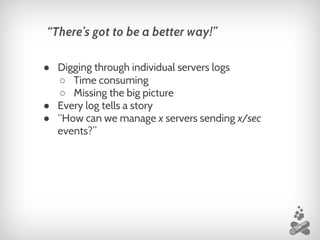● Digging through individual servers logs
○ Time consuming
○ Missing the big picture
● Every log tells a story
● “How can we manage x servers sending x/sec
events?”
“There’s got to be a better way!”
 