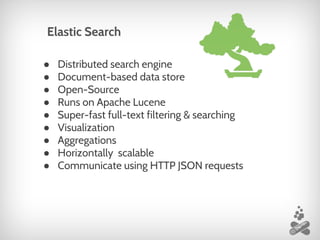 ● Distributed search engine
● Document-based data store
● Open-Source
● Runs on Apache Lucene
● Super-fast full-text filtering & searching
● Visualization
● Aggregations
● Horizontally scalable
● Communicate using HTTP JSON requests
Elastic Search
 
