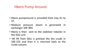 Hkero Pump Around
• Hkero pumparound is provided from tray 41 to
37.
• Medium pressure steam is generated in
exchanger 10E-903.
• Hkero is then sent to the stabilizer reboiler in
the SGU unit
• HK PA from SGU is preheat the dry crude in
10E-155 and then it is returned back to the
crude column.
 