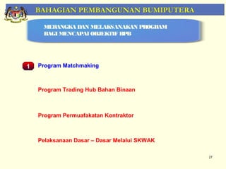 BAHAGIAN PEMBANGUNAN BUMIPUTERA

       MERANGKA DAN MELAKSANAKAN PROGRAM
       BAGI MENCAPAI OBJEKTIF BPB




1     Program Matchmaking



      Program Trading Hub Bahan Binaan
    Pemantauan Projek-Projek Penswastaan

      Program Permuafakatan Kontraktor



      Pelaksanaan Dasar – Dasar Melalui SKWAK

                                                27
 