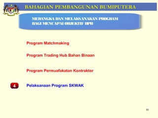 BAHAGIAN PEMBANGUNAN BUMIPUTERA

        MERANGKA DAN MELAKSANAKAN PROGRAM
        BAGI MENCAPAI OBJEKTIF BPB




      Program Matchmaking


      Program Trading Hub Bahan Binaan

    Pemantauan Projek-Projek Penswastaan
      Program Permuafakatan Kontraktor


4     Pelaksanaan Program SKWAK




                                            55
 