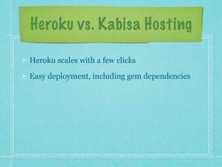 Heroku vs. Kabisa Hosting

Heroku scales with a few clicks

Easy deployment, including gem dependencies
 