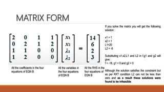 MATRIX FORM
All the coefficients in the four
equations of EQN B
All the variables in
the four equations
of EQN B
All the RHS in the
four equations of
EQN B
If you solve the matrix you will get the following
solution :
x1 = 1
x2 = 1
L1=20
L2 = -8
Substituting x1,x2,L1 and L2 in f,g1 and g2 will
give :
f = -18, g1 = 0 and g2 = 0
Although the solution satisfies the constraint but
as per KKT condition L2 can not be less than
zero and as a result these solutions were
found to be infeasible.
 
