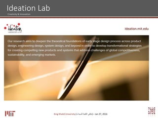 Ideation.mit.edu
Ideation LabCreativity & Innovation
King Khalid University (‫للسيدات‬ ‫التقنية‬ ‫)ملتقى‬ – Jan 27, 2016
 