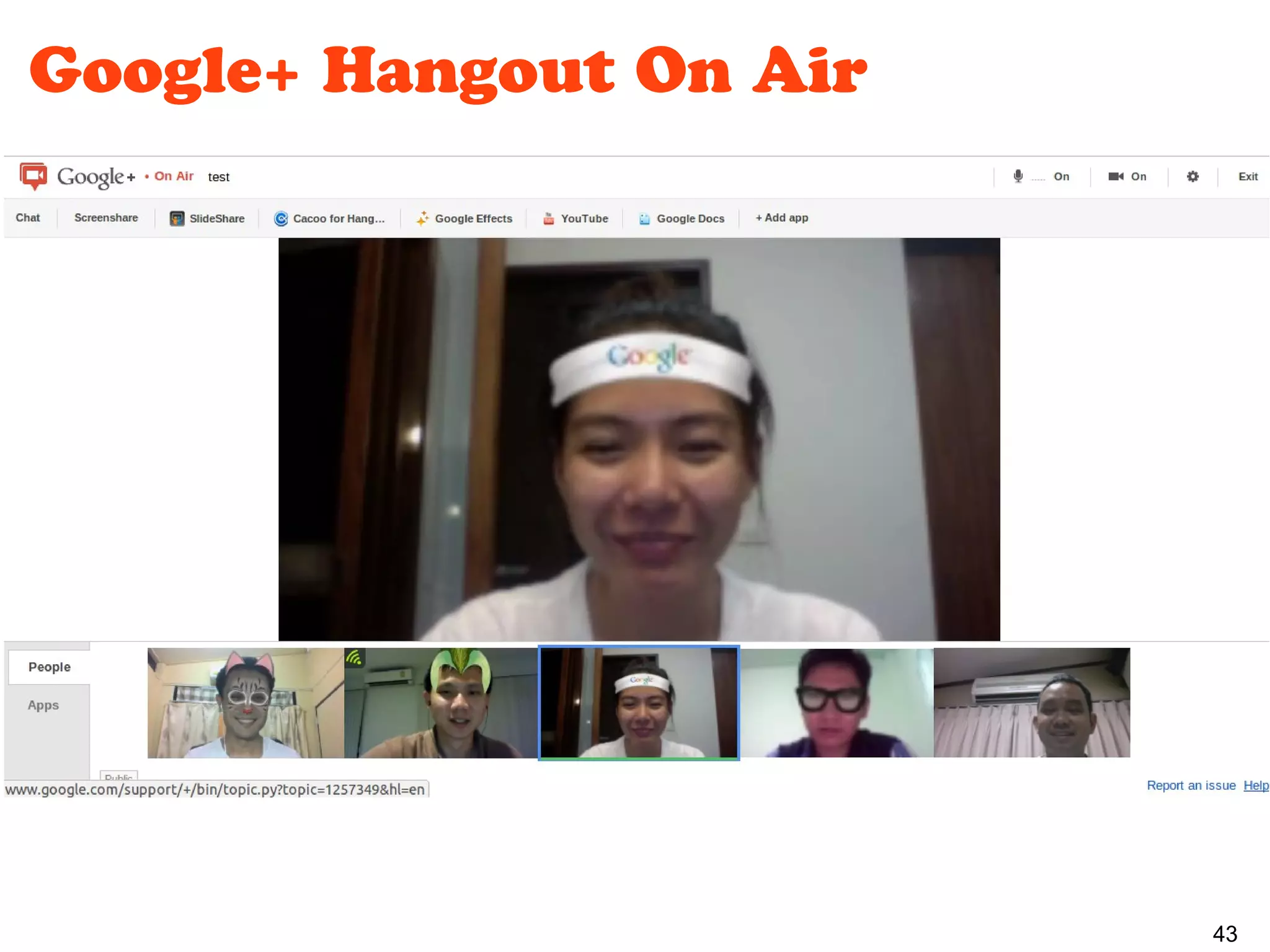 Google+ Hangout On Air




                         43
 