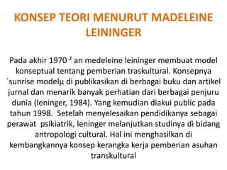 KONSEP TEORI MENURUT MADELEINE
LEININGER
Pada akhir 1970 ² an medeleine leininger membuat model
konseptual tentang pemberian traskultural. Konsepnya
´sunrise modelµ di publikasikan di berbagai buku dan artikel
jurnal dan menarik banyak perhatian dari berbagai penjuru
dunia (leninger, 1984). Yang kemudian diakui public pada
tahun 1998. Setelah menyelesaikan pendidikanya sebagai
perawat psikiatrik, leninger melanjutkan studinya di bidang
antropologi cultural. Hal ini menghasilkan di
kembangkannya konsep kerangka kerja pemberian asuhan
transkultural
 