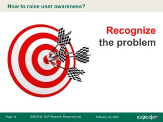 How to raiseMaster title style
Click to edit user awareness?

Recognize
the problem

Page 13

SAS 2012, DLP Research, Kaspersky Lab

February, 3d, 2012

 