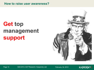 How to raiseMaster title style
Click to edit user awareness?

Get top
management
support

Page 14

SAS 2012, DLP Research, Kaspersky Lab

February, 3d, 2012

 
