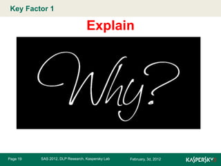 Key Factor 1Master title style
Click to edit

Explain

Page 19

SAS 2012, DLP Research, Kaspersky Lab

February, 3d, 2012

 