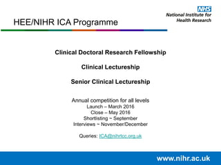 www.nihr.ac.uk
Clinical Doctoral Research Fellowship
Clinical Lectureship
Senior Clinical Lectureship
Annual competition for all levels
Launch – March 2016
Close – May 2016
Shortlisting ~ September
Interviews ~ November/December
Queries: ICA@nihrtcc.org.uk
HEE/NIHR ICA Programme
 