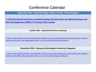Conference Calendar
September 2016 – Imperial College London, London, United Kingdom
» 11th International Conference on Biotechnology, Bio Informatics, Bio Medical Sciences and
Stem Cell Applications (B3SC), 21-22 Sept, 2016, London
October 2016 – Regal Oriental Hotel, Hong Kong
» http://www.iaphlsr.org/6th-international-conference-on-biotechnology-bio-informatics-bio-medical-
sciences-and-stem-cell-applications-b3sc-21-22-oct-2016-hong-kong-about-9
November 2016 - Nanyang Technological University, Singapore
» http://www.iaphlsr.org/7th-international-conference-on-biotechnology-bio-informatics-bio-medical-
sciences-and-stem-cell-applications-b3sc-11-12-nov-2016-singapore-about-3
 