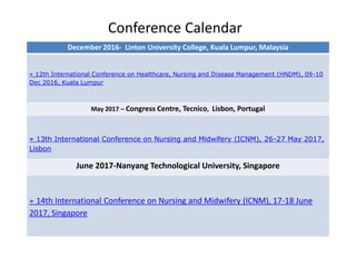 Conference Calendar
December 2016- Linton University College, Kuala Lumpur, Malaysia
» 12th International Conference on Healthcare, Nursing and Disease Management (HNDM), 09-10
Dec 2016, Kuala Lumpur
May 2017 – Congress Centre, Tecnico, Lisbon, Portugal
» 13th International Conference on Nursing and Midwifery (ICNM), 26-27 May 2017,
Lisbon
June 2017-Nanyang Technological University, Singapore
» 14th International Conference on Nursing and Midwifery (ICNM), 17-18 June
2017, Singapore
 