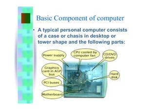 Basic Component of computer
• A typical personal computer consists
of a case or chasis in desktop or
tower shape and the following parts:
 