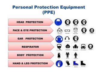 Personal Protection Equipment
(PPE)
HEAD PROTECTION
FACE & EYE PROTECTION
EAR PROTECTION
RESPIRATOR
BODY PROTECTION
HAND & LEG PROTECTION
 
