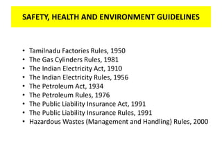 • Tamilnadu Factories Rules, 1950
• The Gas Cylinders Rules, 1981
• The Indian Electricity Act, 1910
• The Indian Electricity Rules, 1956
• The Petroleum Act, 1934
• The Petroleum Rules, 1976
• The Public Liability Insurance Act, 1991
• The Public Liability Insurance Rules, 1991
• Hazardous Wastes (Management and Handling) Rules, 2000
SAFETY, HEALTH AND ENVIRONMENT GUIDELINESSAFETY, HEALTH AND ENVIRONMENT GUIDELINES
 