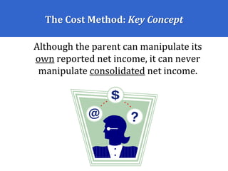 The Cost Method: Key Concept
Although the parent can manipulate its
own reported net income, it can never
manipulate consolidated net income.
 