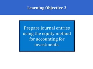 Learning Objective 3
Prepare journal entries
using the equity method
for accounting for
investments.
 