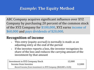 Example: The Equity Method
ABC Company acquires significant influence over XYZ
Company by purchasing 20 percent of the common stock
of the XYZ Company for $100,000, XYZ earns income of
$60,000 and pays dividends of $20,000.
Investment in XYZ Company Stock 12,000
Income from Investee 12,000
Record income from investment in XYZ Company ($60,000 x 0.20).
Recognition of income
 This entry (equity accrual) is normally is made as an
adjusting entry at the end of the period
 If the investee reports a loss, the investor recognizes its
share of the loss and reduces the carrying amount of the
investment by that amount
 