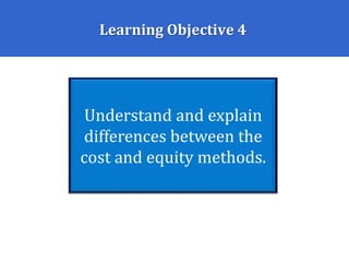 Learning Objective 4
Understand and explain
differences between the
cost and equity methods.
 