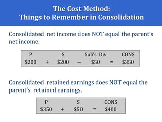 The Cost Method:
Things to Remember in Consolidation
Consolidated net income does NOT equal the parent’s
net income.
Consolidated retained earnings does NOT equal the
parent’s retained earnings.
P S Sub’s Div CONS
$200 + $200  $50 = $350
P S CONS
$350 + $50 = $400
 