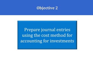 Objective 2
Prepare journal entries
using the cost method for
accounting for investments
 