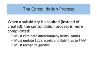 The Consolidation Process
When a subsidiary is acquired (instead of
created), the consolidation process is more
complicated:
• Must eliminate intercompany items (same)
• Must update Sub’s assets and liabilities to FMV
• Must recognize goodwill
 