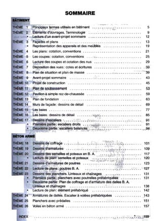 SOMMAIRE
•
._~......
•
- -
Plan de fondation .
Les baies: dessins de détail • • •• • •• • • . • • • • . . . . • • • • . • • . • • • • • . • •
~
5
9
12
13
19
21
25
29
331
39
43
45
53
59
63
69
rr
85
Dessins d'escaliers - ' ". . . . . . . . . . . . . . . . 91
Première partie : escaliers droits •• " , .... . . • . , , . , .• : • . . . .. . .' 91
Deuxième partie: escaliers bâlancé é .,.,.941
Murs de façade : dessins de détail , .
Principaux tenmes utilisés en bâtiment , , .
Éléments d'ouvrages-,Terminologie ' ' ~ ... . ..•••• ....•••. .
Lecture d'un avant-projet sommaire •••••••••• . .•.•••••.•• .••••.
. ,
Façades et plans . . .. ... • .... • . . . .. • . •...... ... . • ..... .. . . .
Représentation des appareils et des meubles .
Les plans : cotation, conventions : .. . . . . .. . . . . .. • .. . .. .
Les coupes : cotation, conventions .
Lecture des coupes et cotation des nus . , ..... ... . . .. •.. ..... . . ., .
Disposition des vues: cotes et écritures . . . . . . .... . . .. . .• . . . . . • . •
•Plan de situation et plan de masse , .. ,•
Avant-projet sommaire .
Projet de construction , .
Plan de soubassement .
Pavillon à simple rez-de-chaussée .
Les baies .
1
2
•
THÈME 4
THÈME 5
THÈME 6
THÈME 7
THÈME 8
iTHÈME 9
ÈME 10
THÈME 11
:rHÈME 12
THÈME 13
ÈME 14
THÈME 15
JHÈME 16
JHÈME 17
THÈME 3
•
- - .., .
mON ARMI!:
È
. ,
ME 18 Dessins de coffrage l , , , , ', , , •.. , . , , , • . . .• , . , . . . , . . . . . . . . . 101 ,
ÈME 19 Dessins d'armalures - , . , ~ , .. , , , , , , .. . • 109 1
, """'"ÈME 20 Dessins des semelles et poteaux en B, A, 117
• Lecture de pla",: semelles et poteaux ••••••• , , • , . • • • • • • • • • • • • .• 120
Dessins d'armatures de poutres .• " :" , ". .. .. .. ... .. 123
Lecture de plans : poutres B. A , , : " 127
Dessins des planchers. Unteaux et chalnages • , . • • • • • • •.. .• • , • •• 131
• Première partie: p1anchers avec poutrelles préfabriquées ••• .• .• .•• . 131
• Deuxième partie: Plan de coffrage et d'armature des dalles B. A.
Unteaux et chalnaqes' , ,', ........ .. . . 138
• Lecture de plan: élément préfabriqué , . . . . . . . . .. . . . . . . 142
Armatures de dalles. Escalier à volées préfabriquées • .'. . . . . . . . • . . . 143
-Planchers avec prédalles . . . .... . . . .. . . . . . . . . .• . • ••. . . . . . . . . . 151
",ilès en'béton ar;;;é •• 157 '
,
INDEX- ~ .
• ' . . . ' J
 