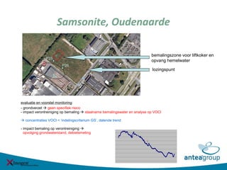 Samsonite, Oudenaarde
evaluatie en voorstel monitoring:
- grondverzet  geen specifiek risico
- impact verontreiniging op bemaling  staalname bemalingswater en analyse op VOCl
 concentraties VOCl < ‘indelingscriterium GS’, dalende trend
- impact bemaling op verontreiniging 
opvolging grondwaterstand, debietsmeting
P25
P26
bemalingszone voor liftkoker en
opvang hemelwater
lozingspunt
 