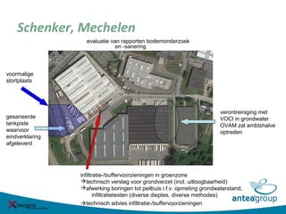 Schenker, Mechelen
verontreiniging met
VOCl in grondwater
OVAM zal ambtshalve
optreden
gesaneerde
tankpiste
waarvoor
eindverklaring
afgeleverd
voormalige
stortplaats
evaluatie van rapporten bodemonderzoek
en -sanering
infiltratie-/buffervoorzieningen in groenzone
technisch verslag voor grondverzet (incl. uitloogbaarheid)
afwerking boringen tot peilbuis i.f.v. opmeting grondwaterstand,
infiltratietesten (diverse dieptes, diverse methodes)
technisch advies infiltratie-/buffervoorzieningen
 