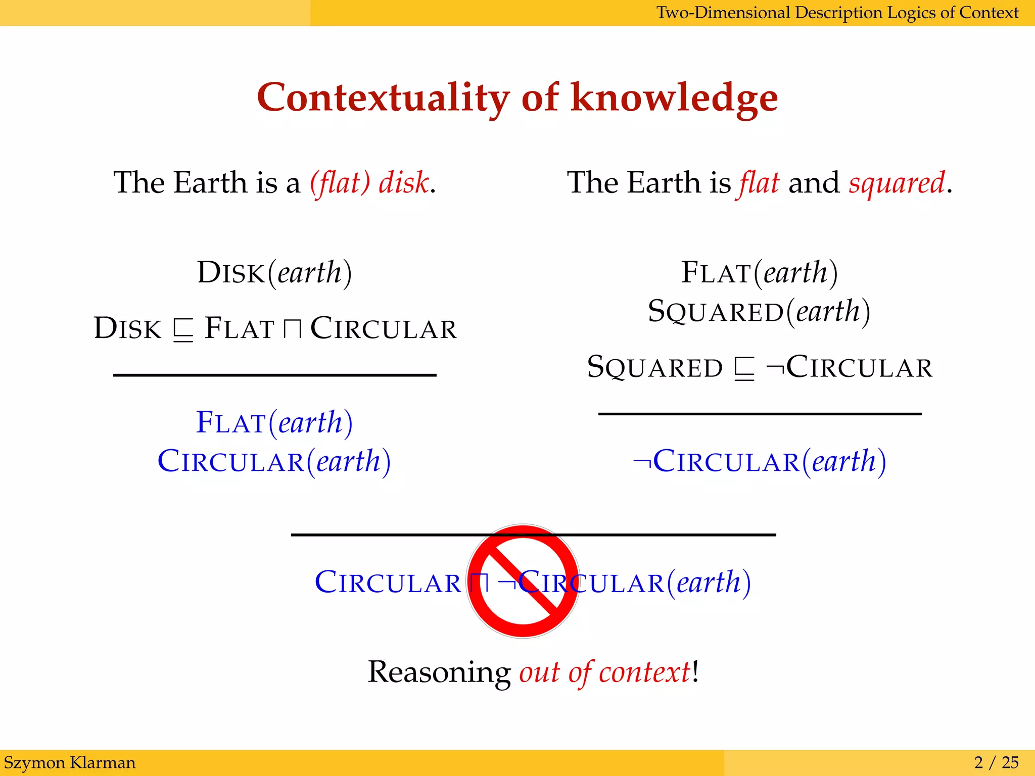 Two-Dimensional Description Logics of Context
Contextuality of knowledge
Szymon Klarman 2 / 25
CIRCULAR ¬CIRCULAR(earth)
Reasoning out of context!
The Earth is ﬂat and squared.
FLAT(earth)
SQUARED(earth)
SQUARED ¬CIRCULAR
¬CIRCULAR(earth)
The Earth is a (ﬂat) disk.
DISK(earth)
DISK FLAT CIRCULAR
FLAT(earth)
CIRCULAR(earth)
 