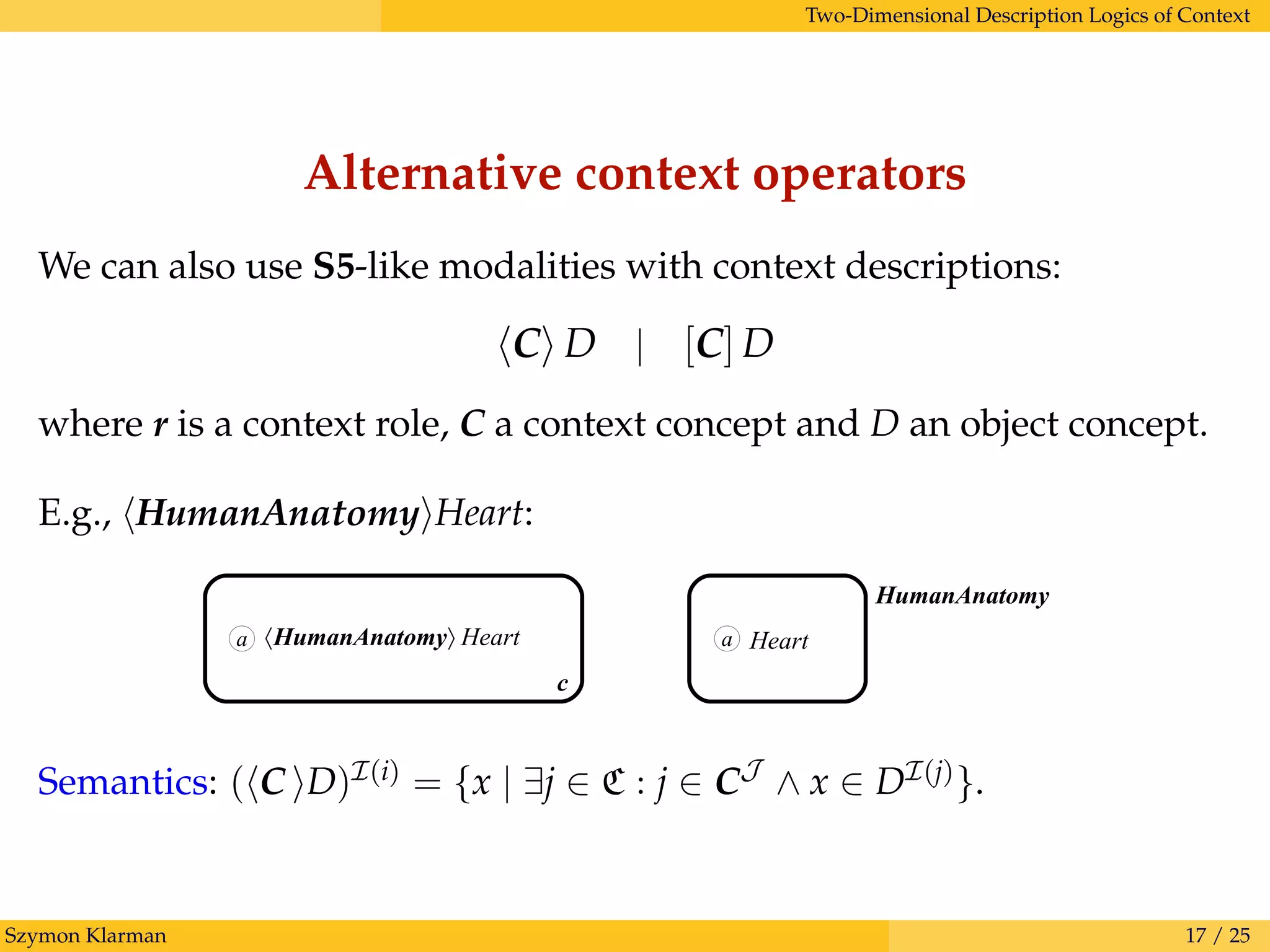 Two-Dimensional Description Logics of Context
Alternative context operators
We can also use S5-like modalities with context descriptions:
C D | [C] D
where r is a context role, C a context concept and D an object concept.
E.g., HumanAnatomy Heart:
a a HeartHumanAnatomy Heart
HumanAnatomy
c
Semantics: ( C D)I(i) = {x | ∃j ∈ C : j ∈ CJ
∧ x ∈ DI(j)}.
Szymon Klarman 17 / 25
 