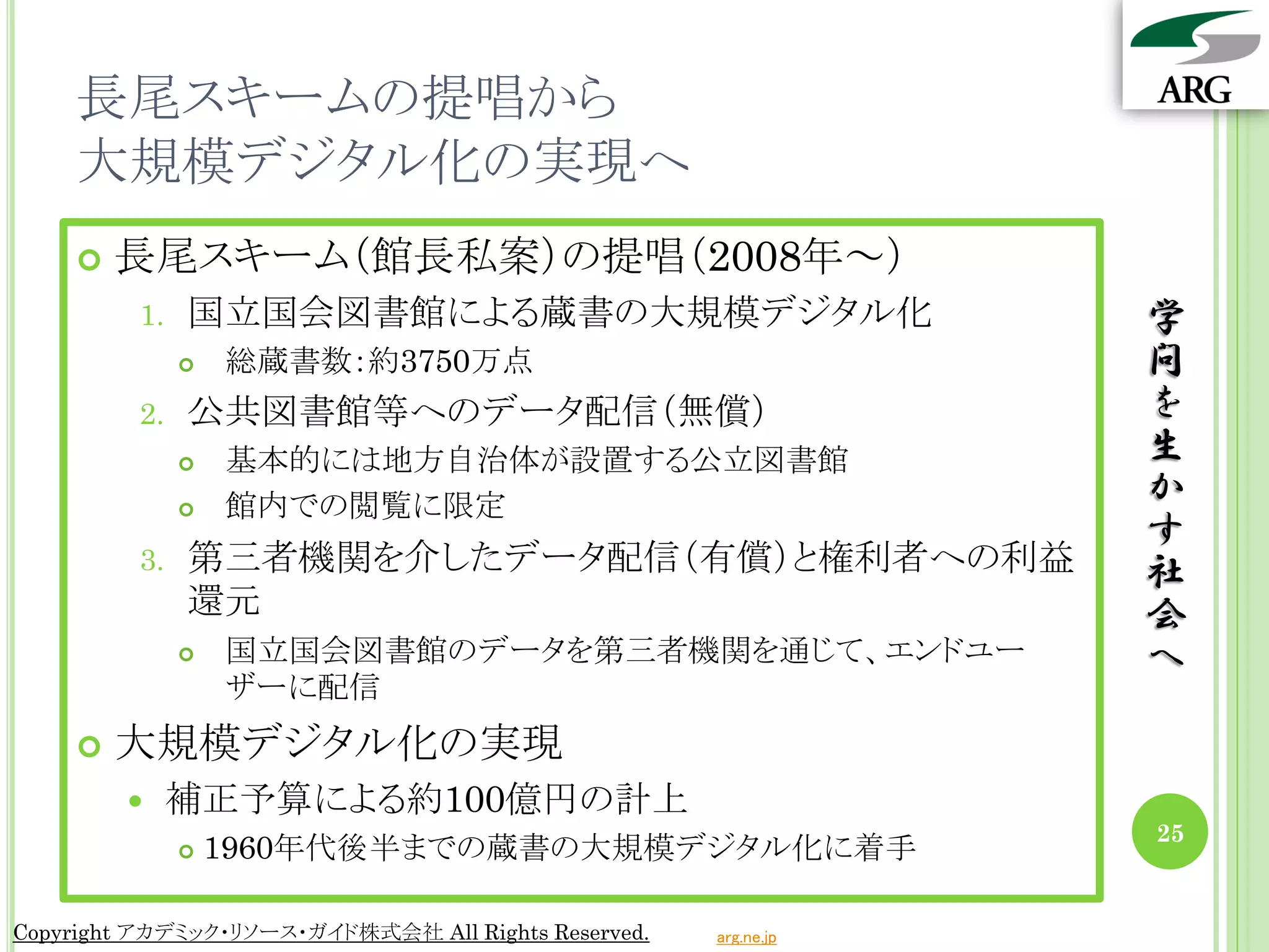長尾スキームの提唱から
    大規模デジタル化の実現へ
       長尾スキーム（館長私案）の提唱（2008年～）
         1.   国立国会図書館による蔵書の大規模デジタル化                              学
                 総蔵書数：約3750万点                                   問
         2.   公共図書館等へのデータ配信（無償）                                  を
                 基本的には地方自治体が設置する公立図書館                           生
                 館内での閲覧に限定                                      か
                                                                 す
         3.   第三者機関を介したデータ配信（有償）と権利者への利益                         社
              還元                                                 会
                 国立国会図書館のデータを第三者機関を通じて、エンドユー                    へ
                  ザーに配信
       大規模デジタル化の実現
             補正予算による約100億円の計上
                                                                 25
                 1960年代後半までの蔵書の大規模デジタル化に着手

Copyright アカデミック・リソース・ガイド株式会社 All Rights Reserved.   arg.ne.jp
 