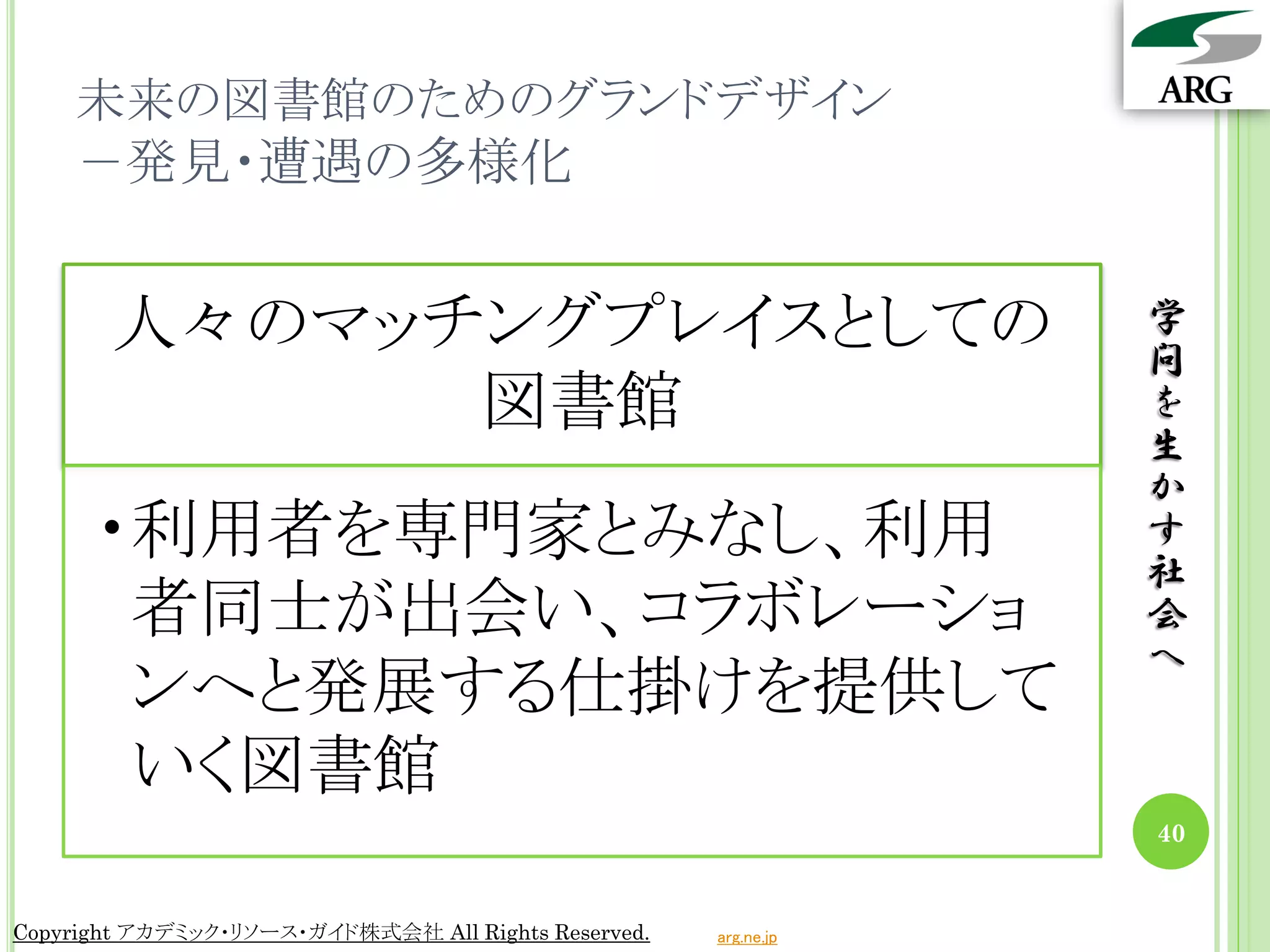未来の図書館のためのグランドデザイン
    －発見・遭遇の多様化


       人々のマッチングプレイスとしての                                          学
                                                                 問
             図書館                                                 を
                                                                 生
                                                                 か
      •利用者を専門家とみなし、利用                                            す
                                                                 社
       者同士が出会い、コラボレーショ                                           会
                                                                 へ
       ンへと発展する仕掛けを提供して
       いく図書館
                                                                 40


Copyright アカデミック・リソース・ガイド株式会社 All Rights Reserved.   arg.ne.jp
 