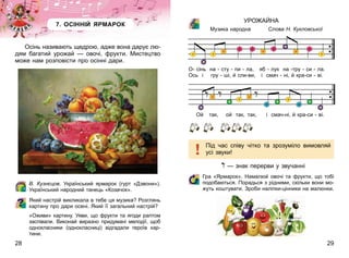 28 29
7. ОСІННІЙ ЯРМАРОК
Осінь називають щедрою, адже вона дарує лю-
дям багатий урожай — овочі, фрукти. Мистецтво
може нам розповісти про осінні дари.
В.  Кузнєцов. Український ярмарок (гурт «Дзвони»).
Український народний танець «Козачок».
Який настрій викликала в тебе ця музика? Розглянь
картину про дари осені. Який її загальний настрій?
«Оживи» картину. Уяви, що фрукти та ягоди раптом
заспівали. Виконай виразно придумані мелодії, щоб
однокласники (однокласниці) відгадали героїв кар-
тини.
УРОЖАЙНА
Музика народна Слова Н. Кукловської
О- сінь на - сту - пи - ла, яб - лук на -тру - си - ла.
Ось і гру - ші, й сли-ви, і смач - ні, й кра-си - ві.
Ой так, ой так, так, і смач-ні, й кра-си - ві.
Під час співу чітко та зрозуміло вимовляй
усі звуки!
— знак перерви у звучанні
Гра «Ярмарок». Намалюй овочі та фрукти, що тобі
подобаються. Порадься з рідними, скільки вони мо-
жуть коштувати. Зроби наліпки-цінники на малюнки.
 