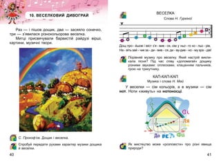 40 41
10. ВЕСЕЛКОВИЙ ДИВОГРАЙ
Раз — і пішов дощик, два — засяяло сонечко,
три — з’явилася різнокольорова веселка.
Митці присвячували барвистій райдузі вірші,
картини, музичні твори.
С. Прокофʼєв. Дощик і веселка.
Спробуй передати рухами характер музики дощика
й веселки.
ВЕСЕЛКА
Слова Н. Гуркіної
Дощ про - йшов і міст з’я - вив - ся, сім у ньо - го ко - льо - рів.
На - вітьзай - чикза - ди - вив - ся,ди - ву-див - но - музра - дів!
Порівняй музику про веселку. Який настрій викли-
кала пісня? Під час співу «допомагай» дощику
різними звуками: оплесками, клацанням пальчиків,
грою на трикутнику.
КАП-КАП-КАП
Музика і слова Н. Май
У веселки — сім кольорів, а в музики — сім
нот. Ноти «живуть» на нотоносці.
5
4
3
2
1
Як мистецтво може «розповісти» про різні явища
природи?
 