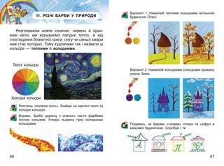 46 47
11. РІЗНІ БАРВИ У ПРИРОДИ
Розглядаючи жовте сонечко, червоні й оран-
жеві квіти, ми відчуваємо лагідне тепло. А від
споглядання блакитної криги, снігу чи синьої хмари
нам стає холодно. Тому художники так і назвали ці
кольори — теплими й холодними.
Теплі кольори
Холодні кольори
Розглянь «колірне коло». Знайди на картині теплі та
холодні кольори.
Вправи. Зроби доріжку з опалого листя фарбами
теплих кольорів. Утвори льодяну гірку холодними
кольорами.
Варіант 1. Намалюй теплими кольорами затишний
будиночок Осені.
Варіант 2. Намалюй холодними кольорами крижану
оселю Зими.
Подивись, як Барвик «сховав» літери та цифри в
казкових будиночках. Спробуй і ти.
 