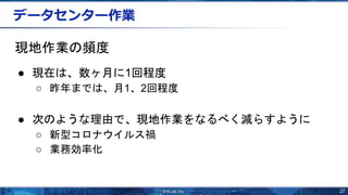 27
データセンター作業
現地作業の頻度
● 現在は、数ヶ月に1回程度
○ 昨年までは、月1、2回程度
● 次のような理由で、現地作業をなるべく減らすように
○ 新型コロナウイルス禍
○ 業務効率化
 